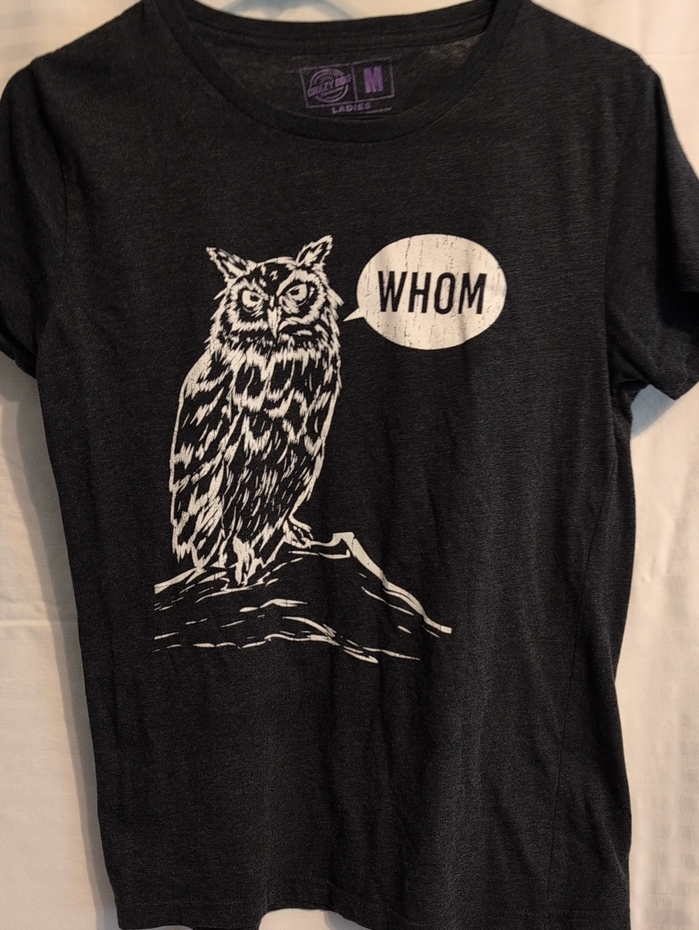 Crazy Dog T-Shirts Women's Black Owl "WHOM" Short Sleeve Tee